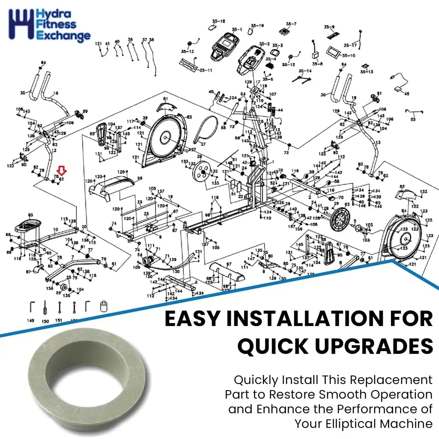 Lower Handle Bar Plastic Bushing And Spacer Replacement Part P060451 diagram with plastic sleeve bearing included
