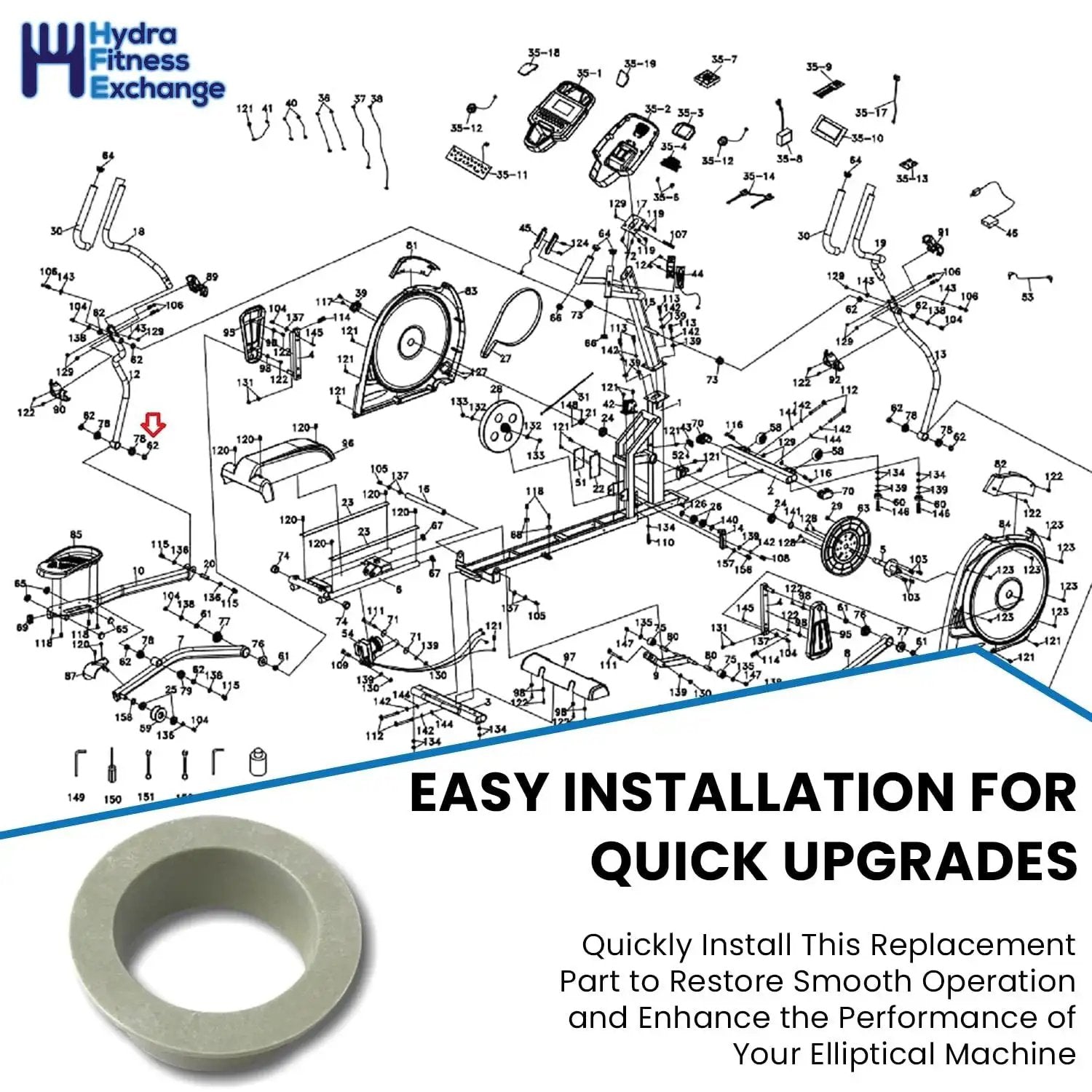 Lower Handle Bar Plastic Bushing And Spacer Replacement Part P060451 diagram with plastic sleeve bearing included