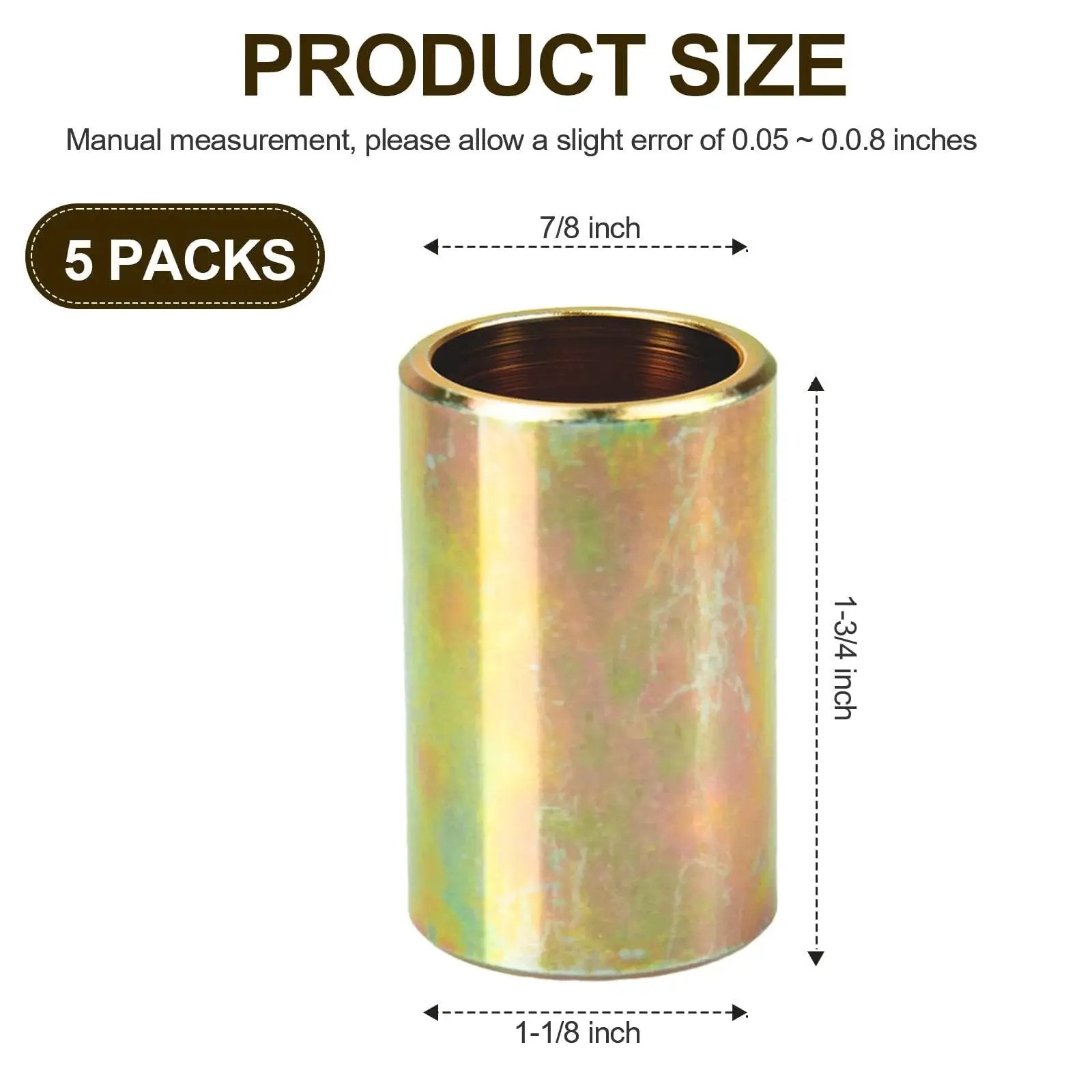 5 Pack Universal Lower Lift Arm Bushing Fits Category II To I Hitch Systems Cat I To Cat II, showing product size and dimensions.