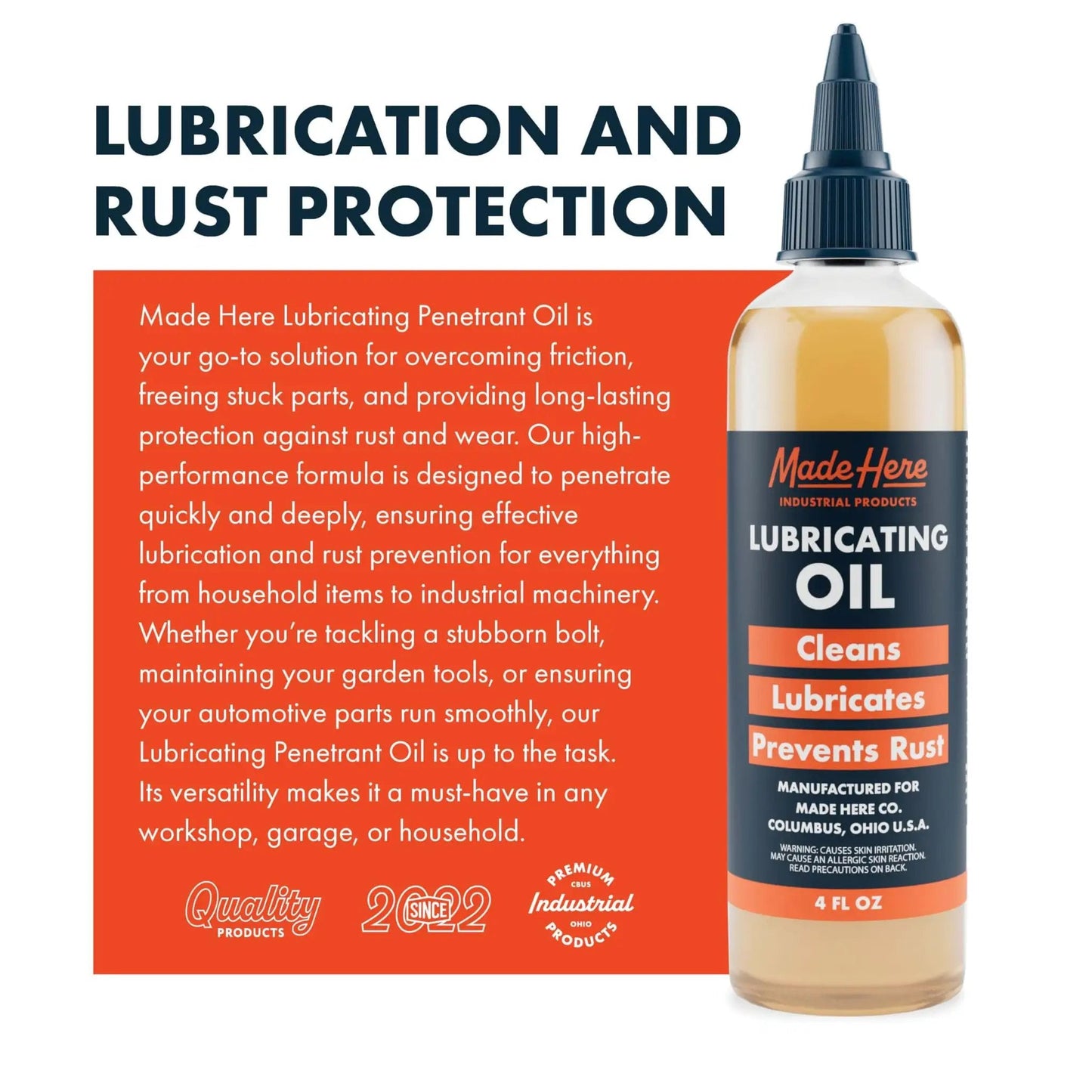 Multi-Use Lubricating Penetrant Oil 4oz for Home Auto and Industrial Jobs with Deep Penetration to Free Stuck Parts, Prevent Rust
