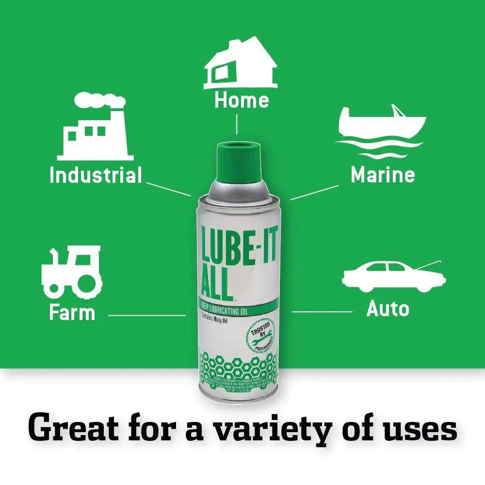 All Purpose Deep Lubricating Oil Spray For Industrial Auto Marine And Home Use Go To Lubricant For Reducing Friction Preventing Rust And Extending Machinery Life With Water Displacing Formula And Long Lasting Protection 11 Oz Aerosol Can displayed with icons for home, marine, auto, farm, and industrial use.