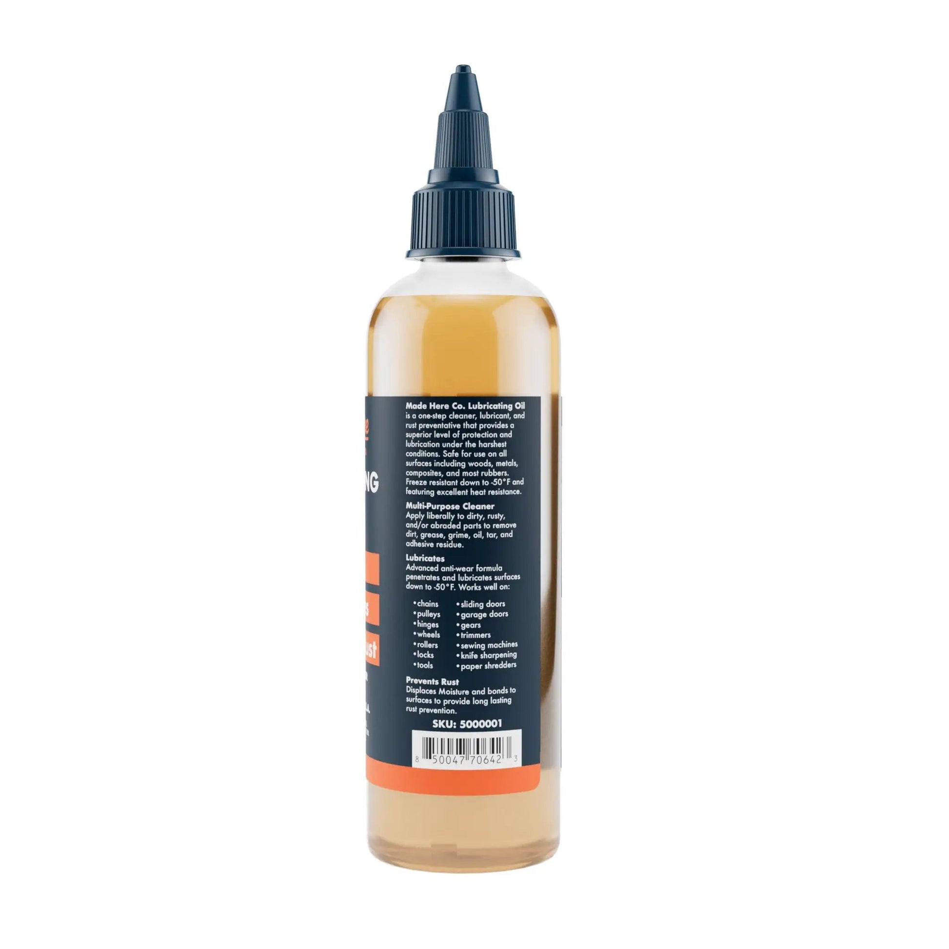 Back view of 4oz Multi-Use Lubricating Penetrant Oil bottle for home, auto, and industrial jobs with deep penetration, Made Here Co.