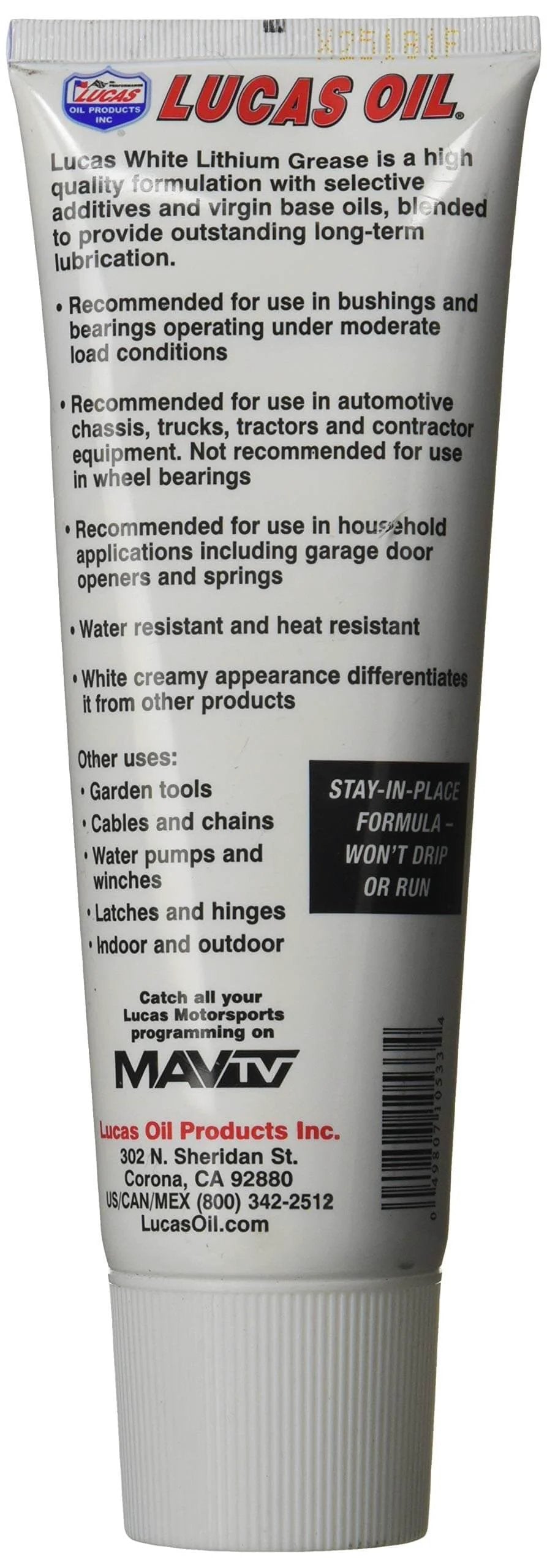 Side view of Lucas Oil 10533 White Lithium Grease - 8 oz. Squeeze Tube with label and usage instructions visible.