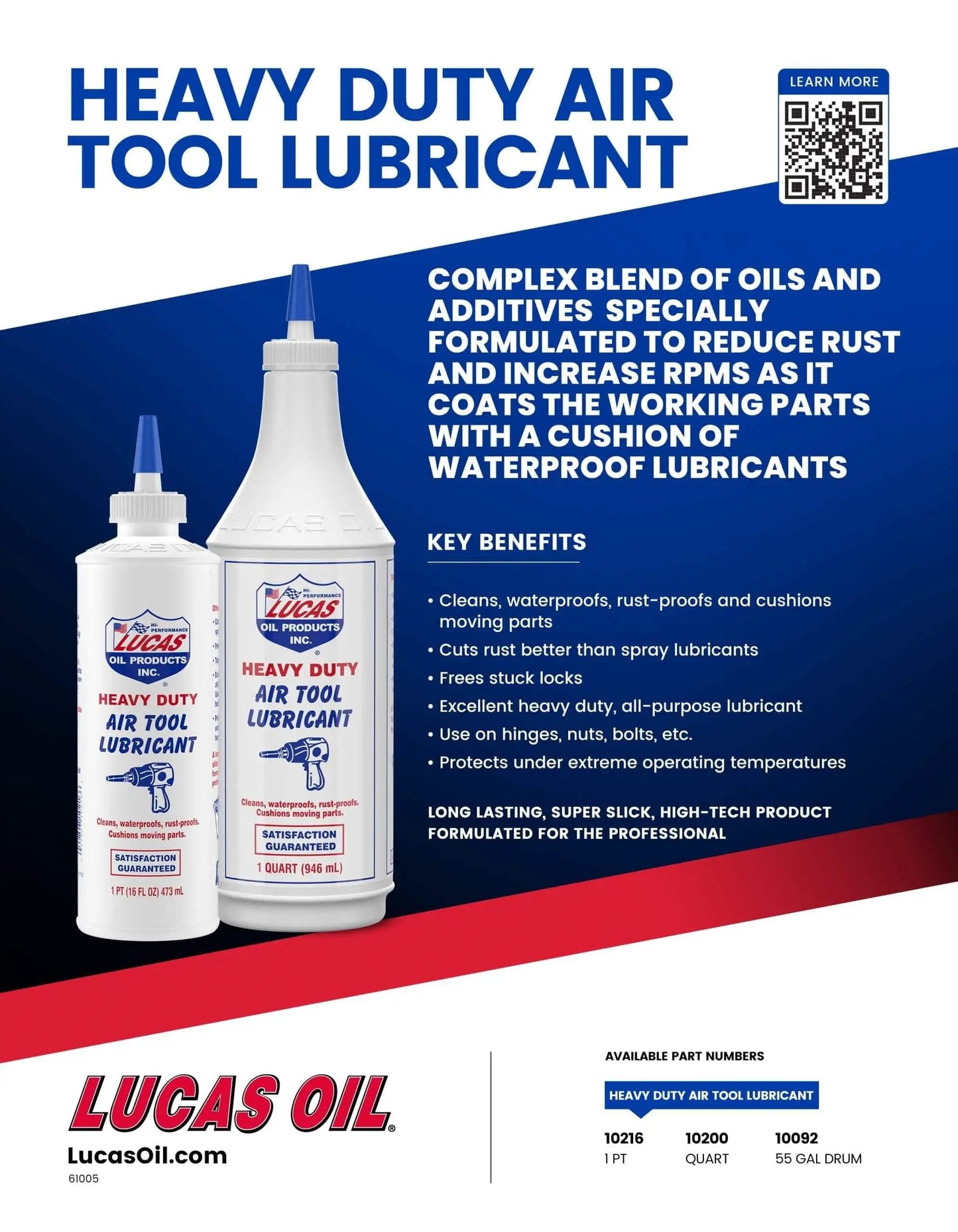 Lucas Oil Heavy Duty Air Tool Lubricant 1 Quart Bottle with key benefits and product details for pneumatic tools