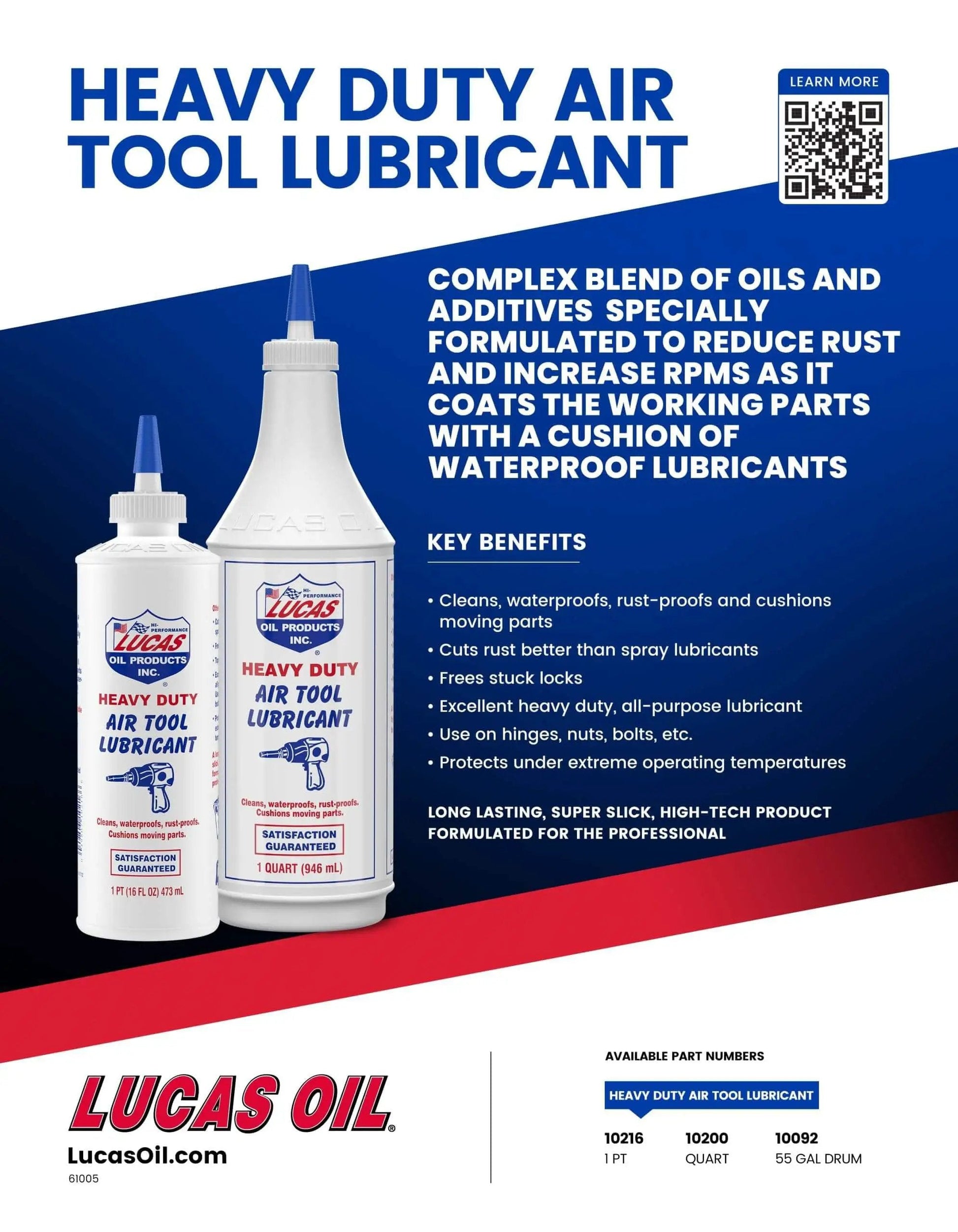 Lucas Oil Heavy Duty Air Tool Lubricant 1 Quart Bottle with key benefits and product details for pneumatic tools