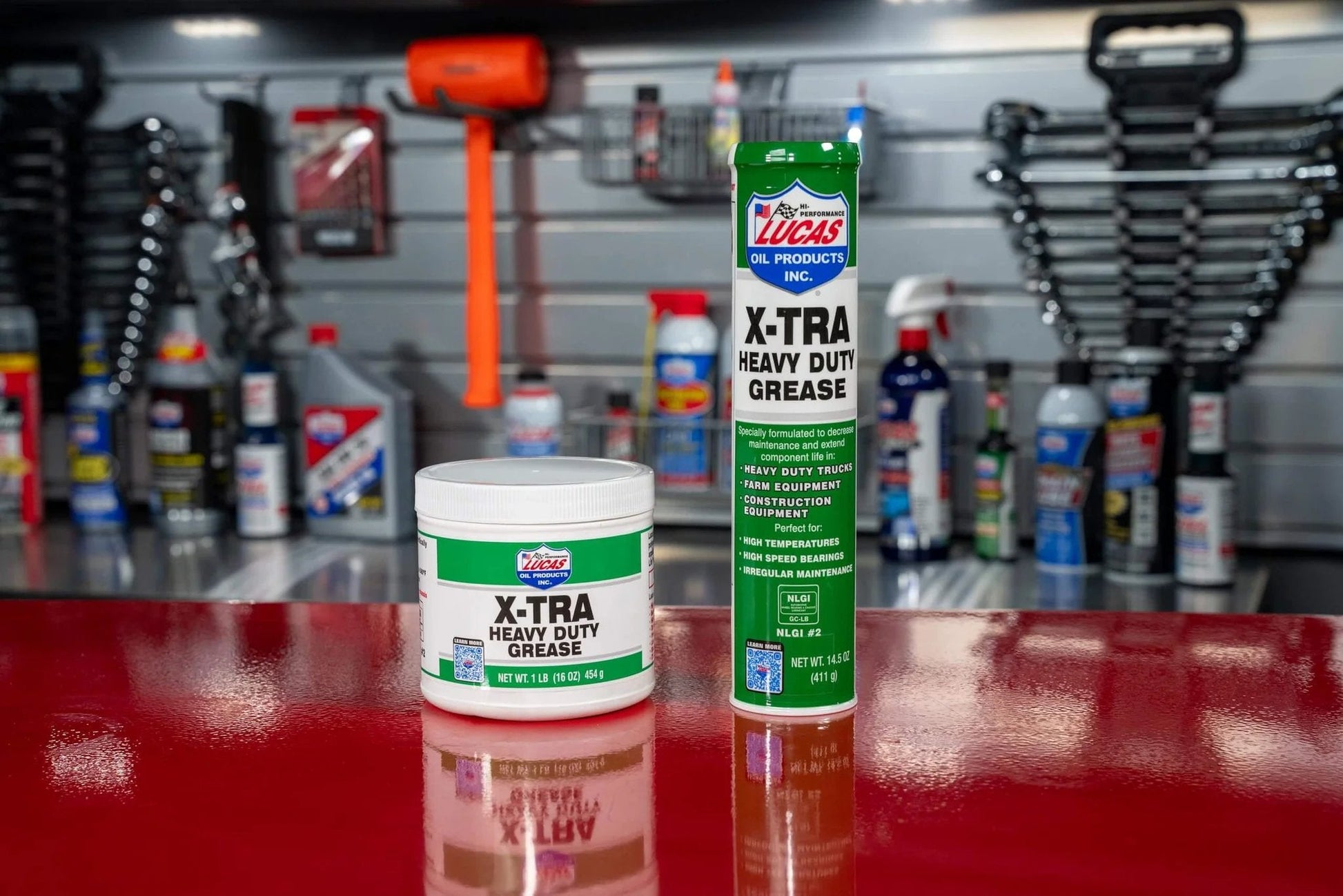 Lucas Oil 14.5 Ounce 10301 Heavy Duty Grease, 14.5 oz, Green can in workshop setting
