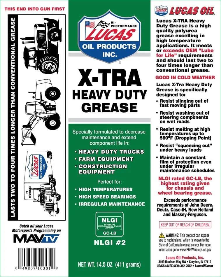 Label of Lucas Oil 14.5 Ounce 10301 Heavy Duty Grease, 14.5 oz, Green can, showing product details and usage applications.