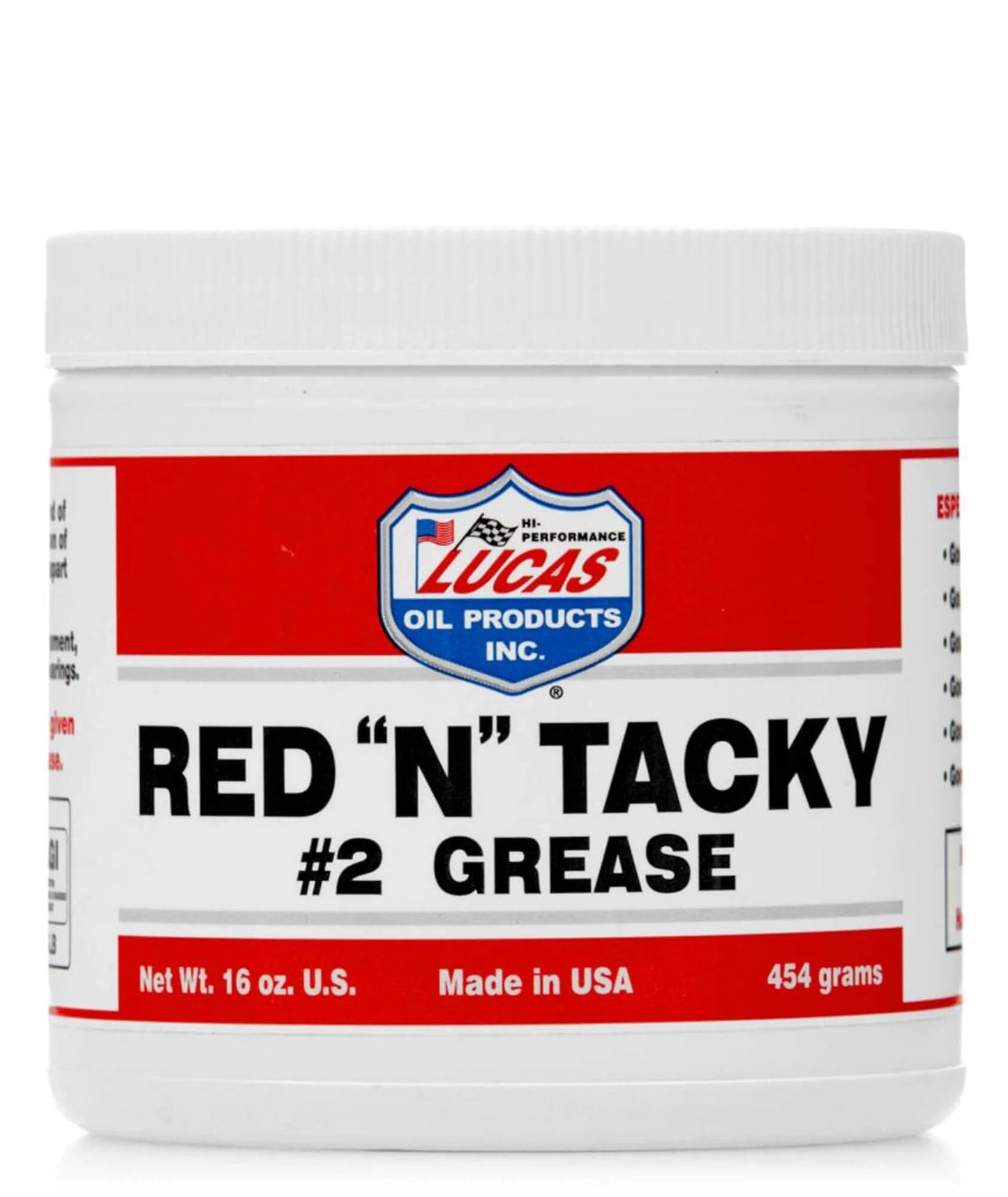 Front view of Lucas Oil 10574 RED'N'TACKY GREASE 1/LB TUB showing product label and container.