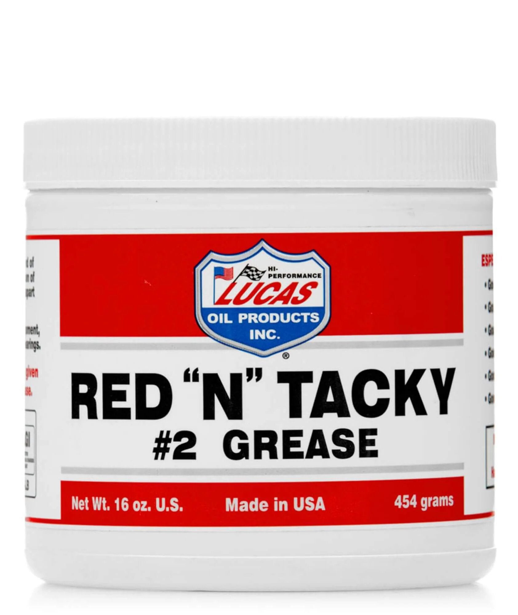 Front view of Lucas Oil 10574 RED'N'TACKY GREASE 1/LB TUB showing product label and container.