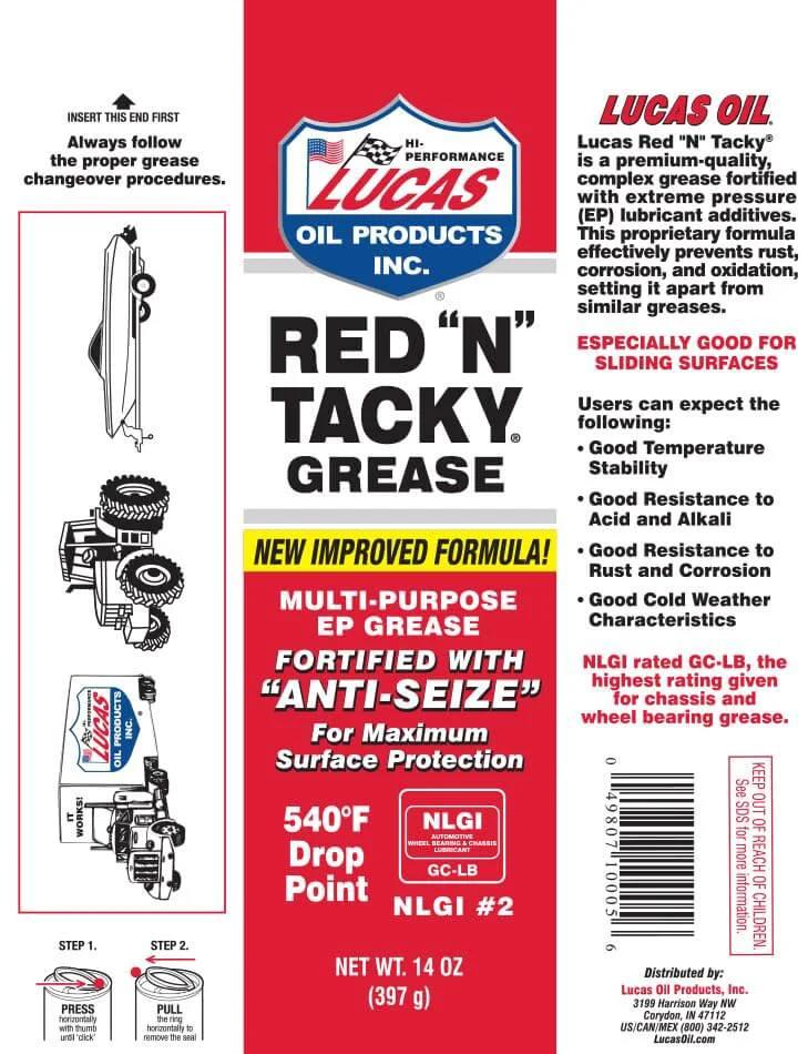Front view of Lucas Oil 10005 Red 'N' Tacky Grease - 14 Ounce packaging, highlighting multi-purpose use and anti-seize formulation.