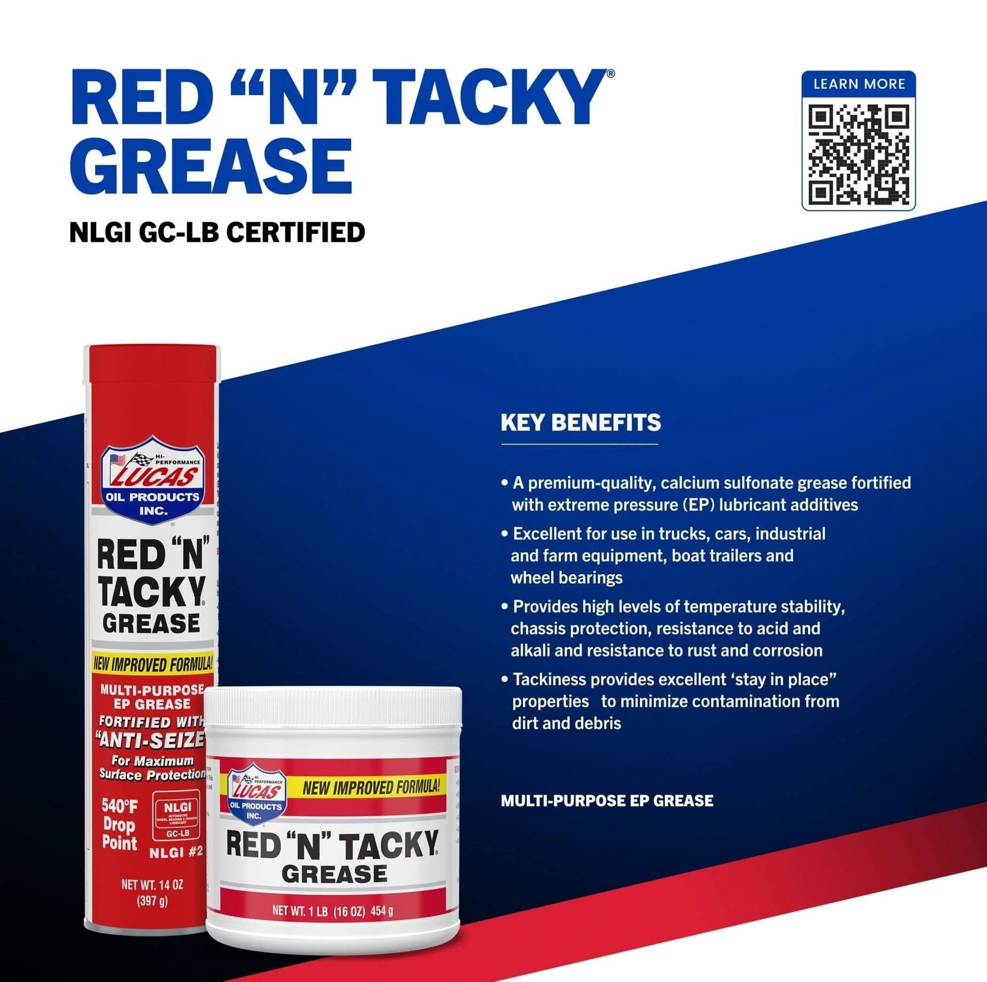 Lucas Oil 10005 Red 'N' Tacky Grease - 14 Ounce tube and tub with product benefits on blue background.