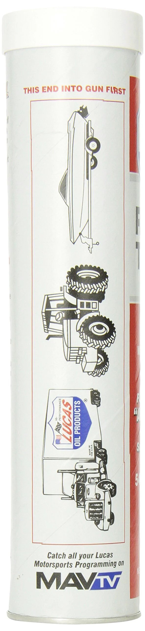 Side view of Lucas Oil 10005 Red 'N' Tacky Grease - 14 Ounce tube with graphics showing application uses like engines and bearings.