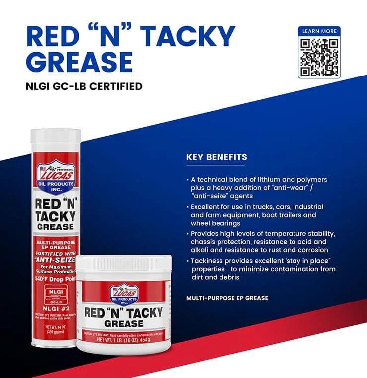 Lucas Oil 10318 Red N Tacky Grease 3 Ounce Combo Pack tubes with product benefits listed.