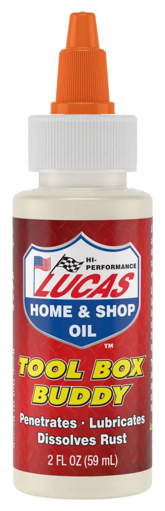 2 ounce bottle of Tool Box Buddy air tool lubricant from Lucas Oil, front view, with orange cap and red label, extends tool life.
