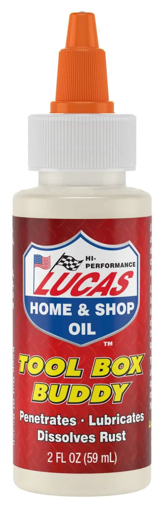 2 ounce bottle of Tool Box Buddy air tool lubricant from Lucas Oil, front view, with orange cap and red label, extends tool life.