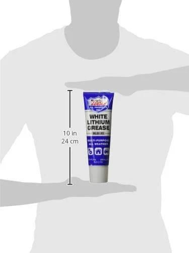 Lucas Oil 10533 White Lithium Grease - 8 oz. Squeeze Tube displayed in scale with human silhouette for size reference.