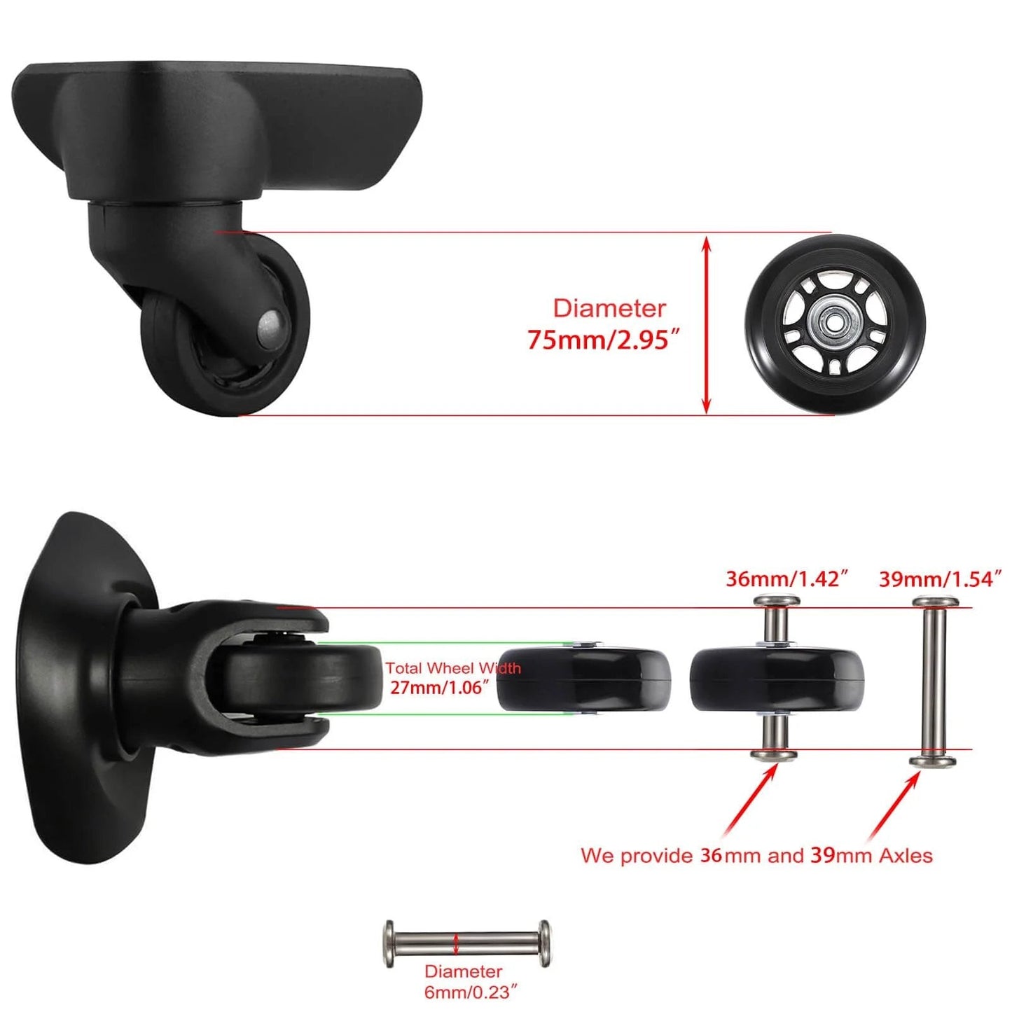 75 x 24mm Luggage Suitcase Replacement Wheels, Rubber Swivel Caster Wheels Bearings Repair Kits, showing dimensions and axles
