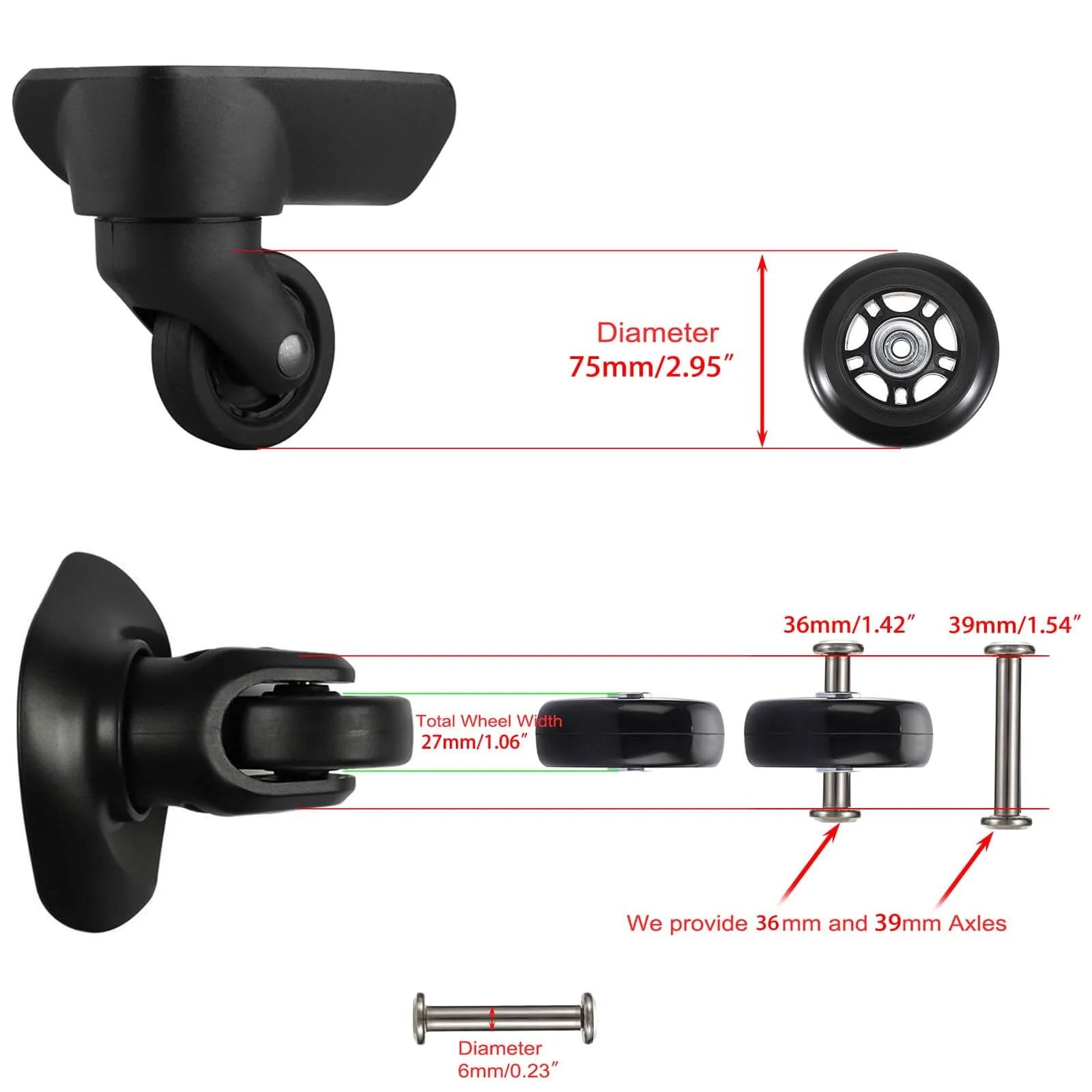 75 x 24mm Luggage Suitcase Replacement Wheels, Rubber Swivel Caster Wheels Bearings Repair Kits, showing dimensions and axles