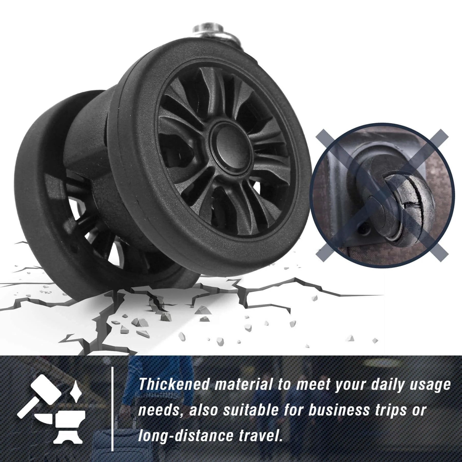 Luggage Replacement Wheels Set with 2 Wear Resistant Suitcase Wheels Made from TPE with Smooth Bearings featuring 55mm diameter close-up view.