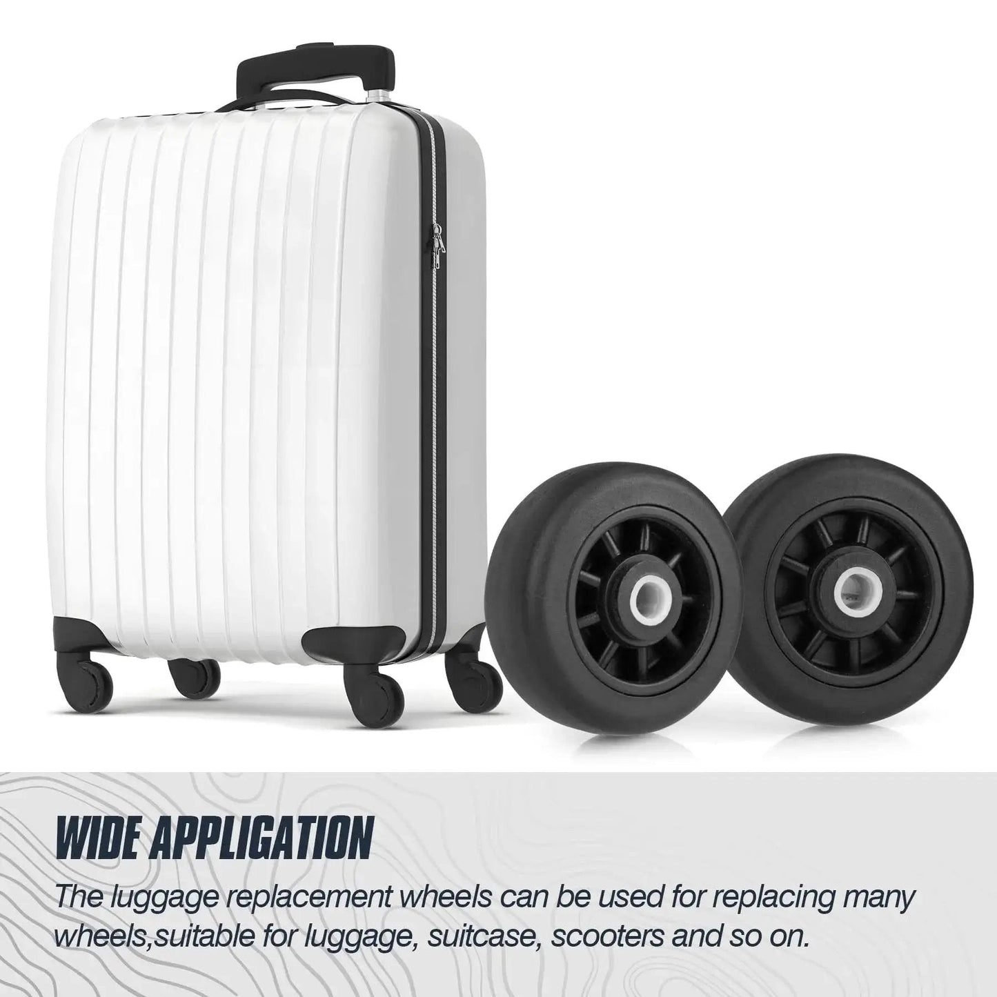 Four Piece 50mm Luggage Replacement Wheel Kit For Travel Suitcases Swivel Caster Wheels With Smooth Rubber Tread next to suitcase