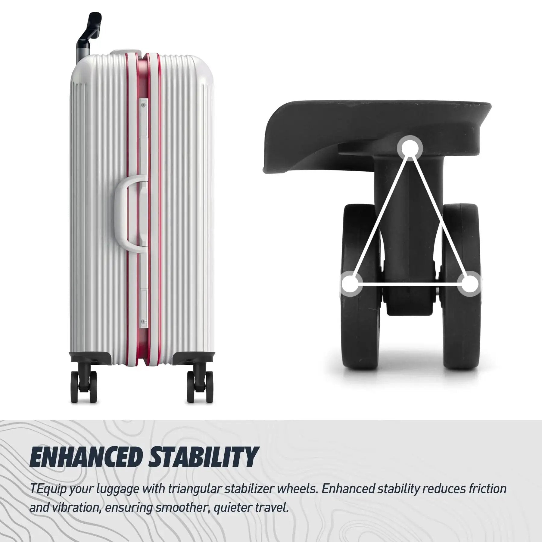 Replacement Luggage Swivel Caster Wheels Pair With 360 Degree Rubber Trolley Wheel Kit For Suitcases Repair And Travel Durable And Load Bearing With Premium PVC Rubber Metal Construction For Heavy Luggage And Smooth Quiet Rolling DL130, side view of luggage with stabilizer wheel detail