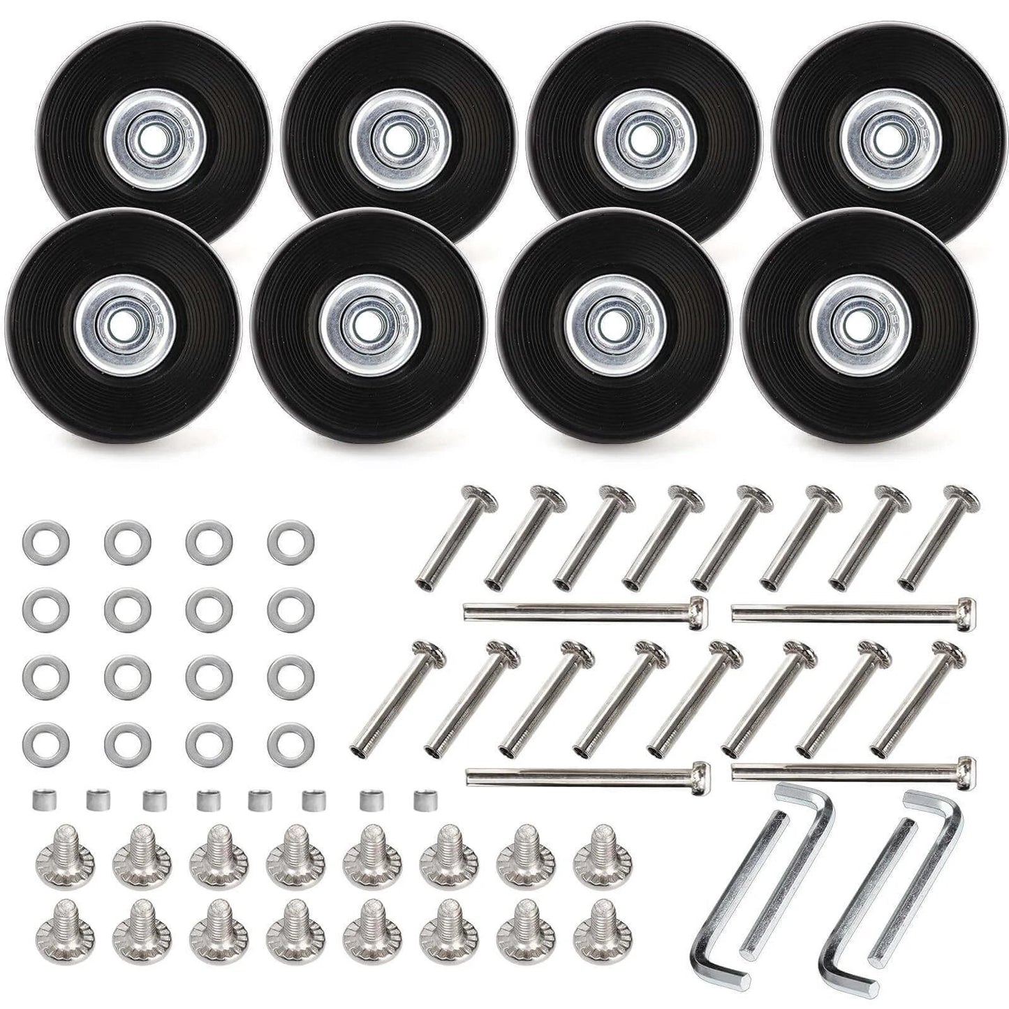 Set of 8 Luggage Suitcase Replacement Wheels, 50 x 18mm PU Caster Wheels Bearings Repair Kits with hardware components displayed.