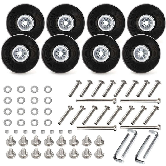 Set of 8 Luggage Suitcase Replacement Wheels, 50 x 18mm PU Caster Wheels Bearings Repair Kits with hardware components displayed.