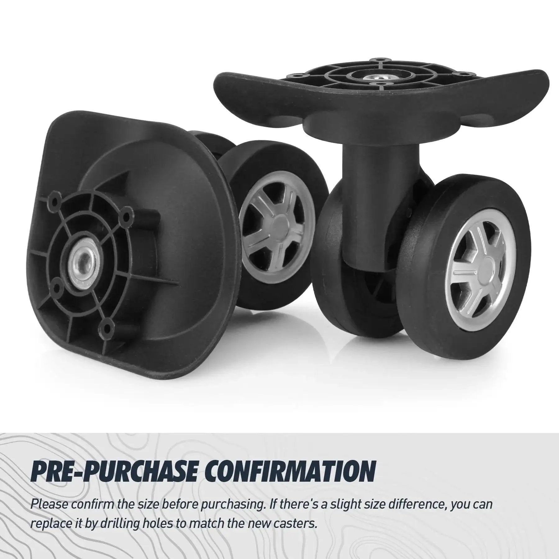 Replacement Luggage Swivel Caster Wheels Pair With 360 Degree Rubber Trolley Wheel Kit For Suitcases Repair And Travel Durable And Load Bearing With Premium PVC Rubber Metal Construction For Heavy Luggage And Smooth Quiet Rolling DL130, showing two black wheels with silver center.
