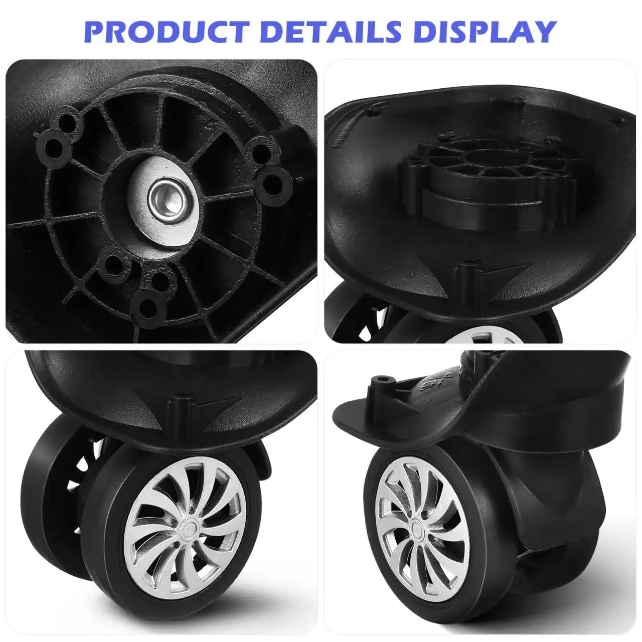 Close-up view of the 4 Piece Universal Luggage Wheels Replacement Kit For Suitcases, 360 Degree Silent Swivel Casters, Easy Install Rubber Rollers For Travel Bags, Trolley Wheels, Precise Fit Verified By Wheel Diameter And Mounting Hole Distance showing the wheel details and mounting holes.
