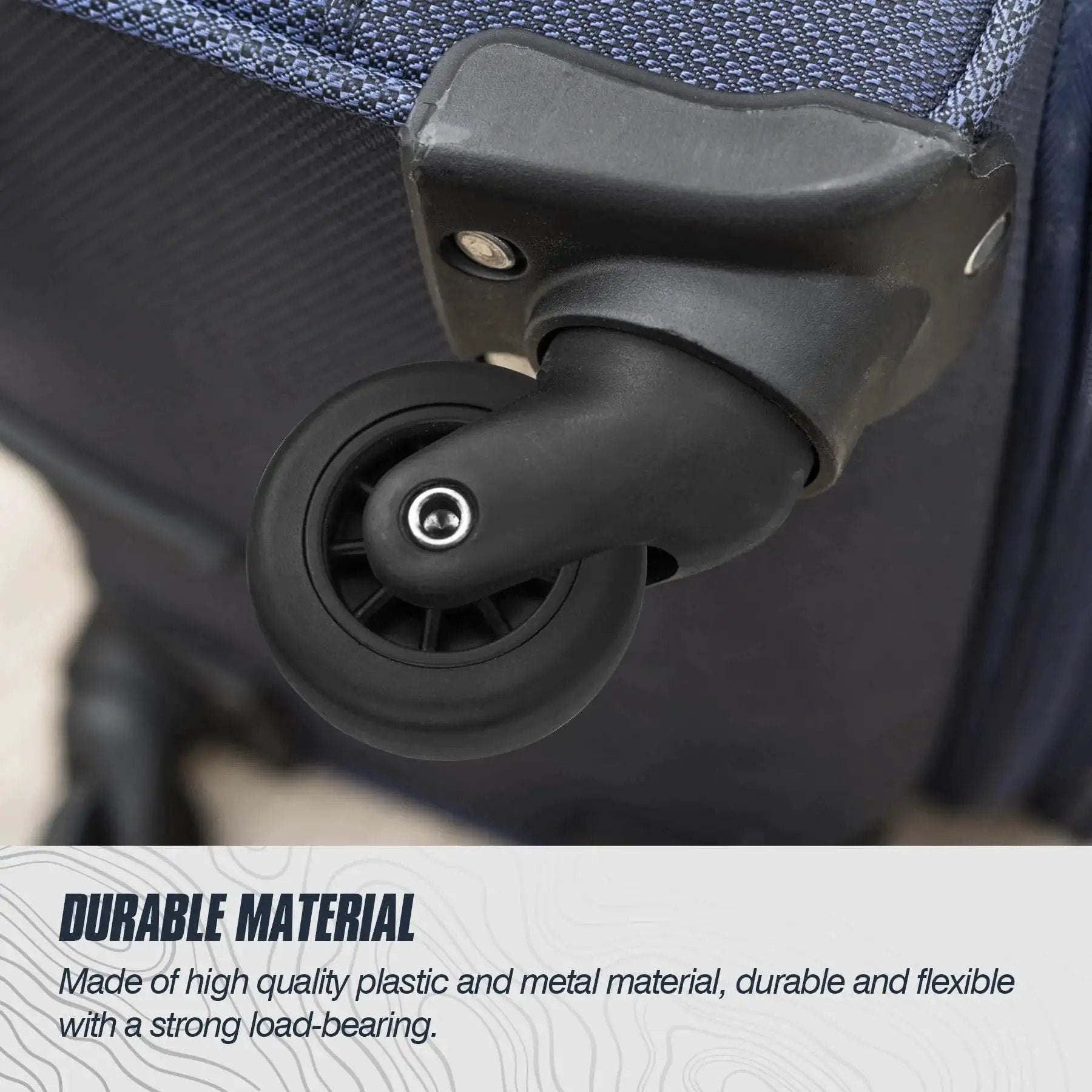 Close-up of swivel caster wheel from Four Piece 50mm Luggage Replacement Wheel Kit For Travel Suitcases Swivel Caster Wheels With Smooth Rubber Tread And Stainless Steel Axles Durable For Hard And Soft Shell Suitcases installed on suitcase