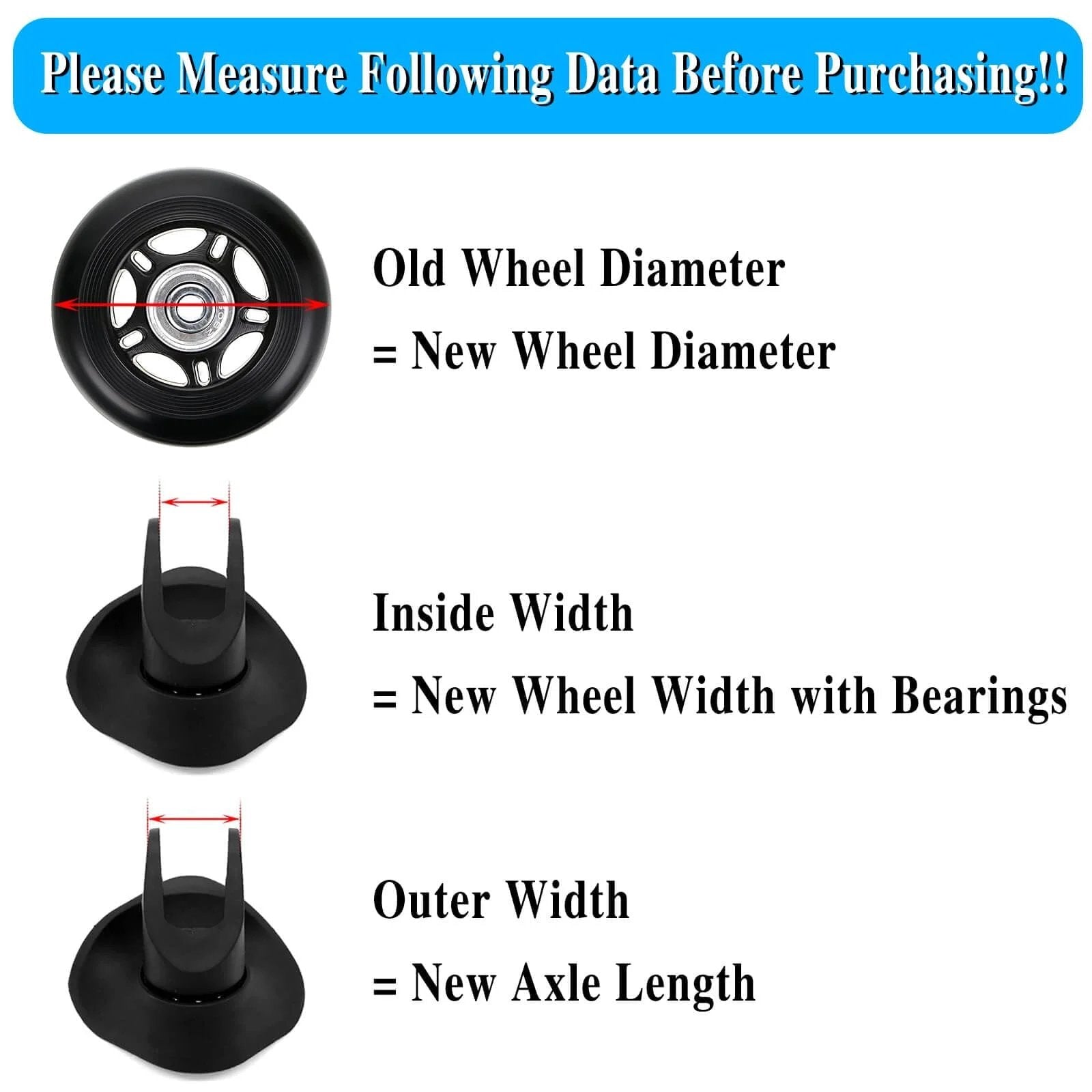 Diagram showing measurements for replacing 75 x 24mm luggage suitcase replacement wheels, rubber swivel caster wheels bearings repair kits, set of 2.