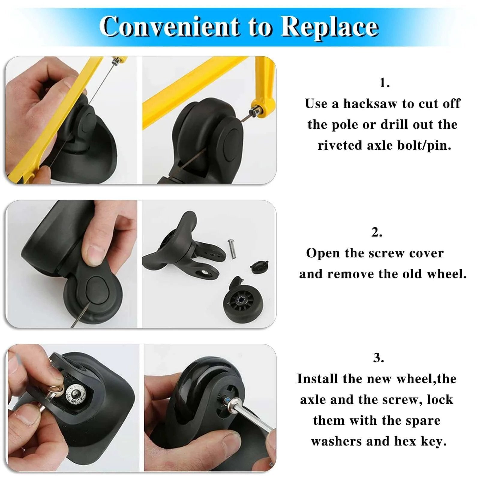 Step-by-step guide for installing 40mm x 18mm Luggage Suitcase Replacement Wheels, Rubber Swivel Caster Wheels Bearings Repair Kits, A Set of 4