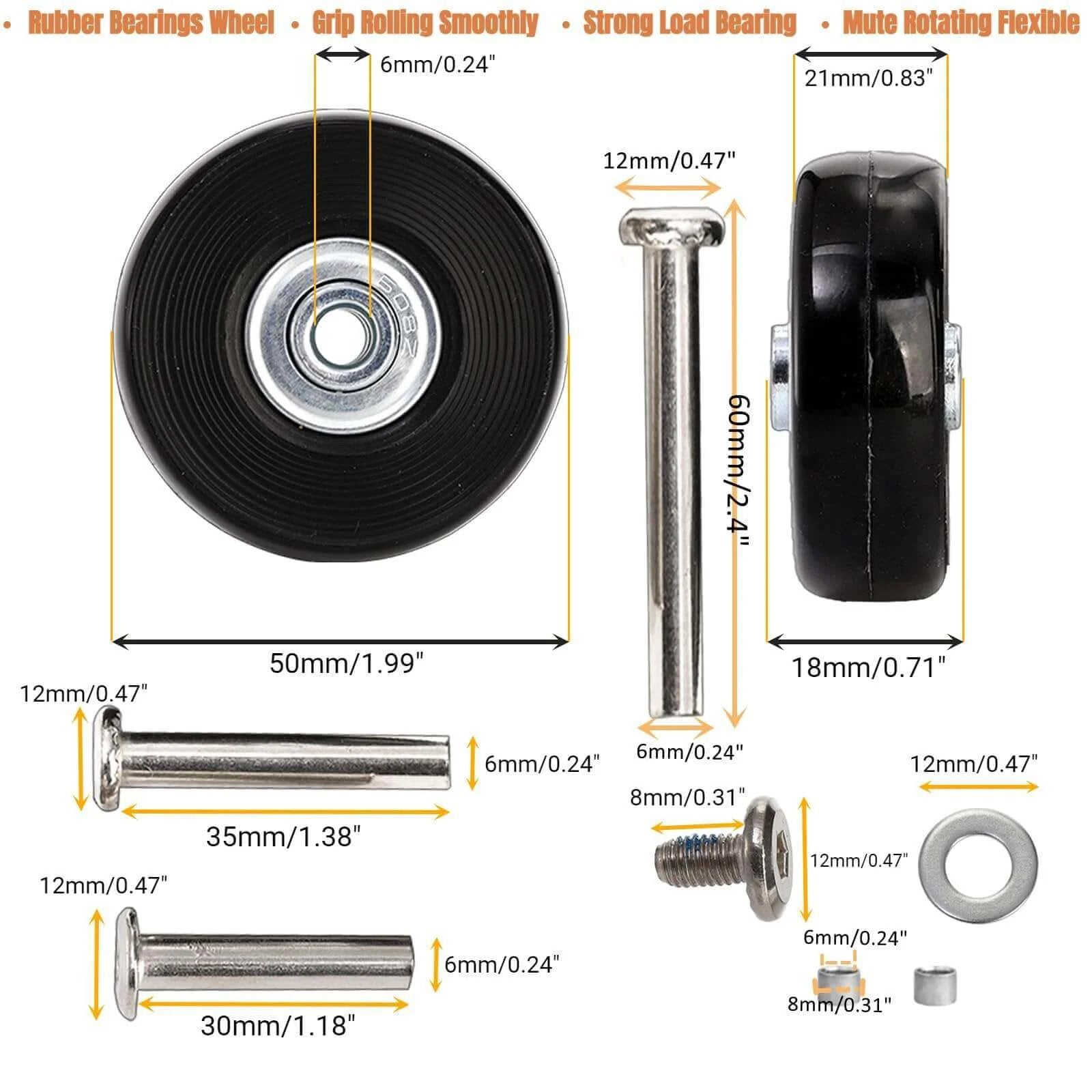 Close-up of Set of 8 Luggage Suitcase Replacement Wheels, 50 x 18mm PU Caster Wheels Bearings Repair Kits with measurements and details