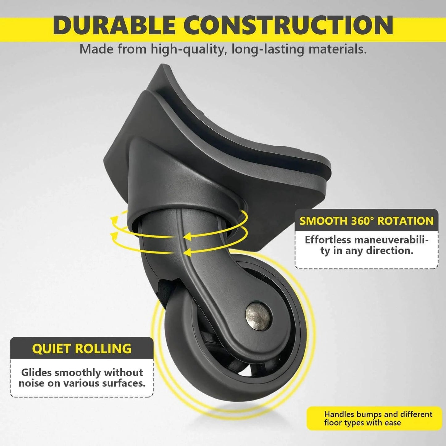 Close-up of Luggage Wheels Replacement Kit with 4 Wear Resistant Spinner Casters Model H149 showing smooth rotation and durable design.