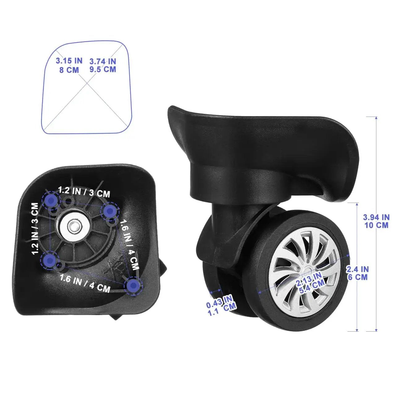4 Piece Universal Luggage Wheels Replacement Kit For Suitcases, 360 Degree Silent Swivel Casters, Easy Install Rubber Rollers