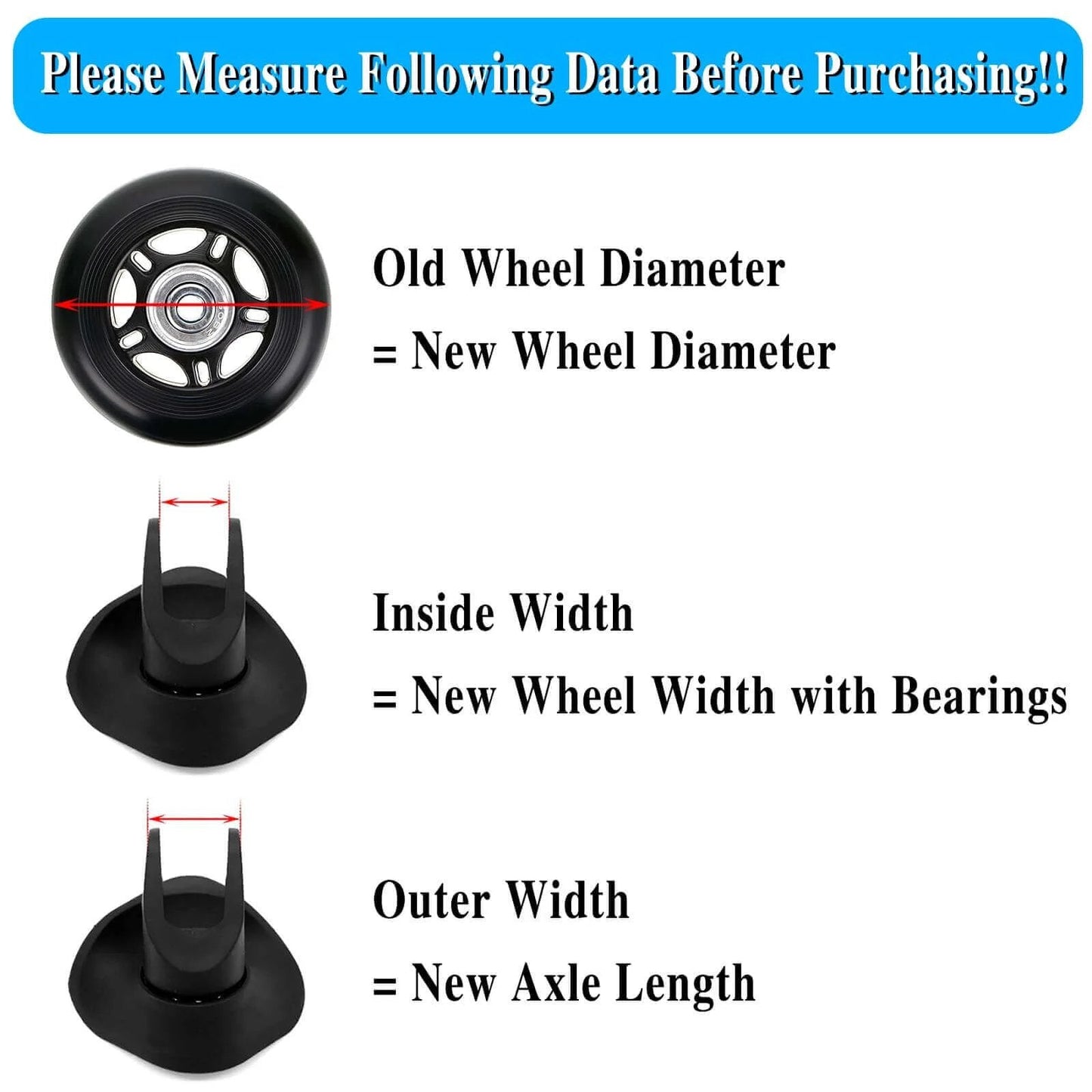 Diagram showing measurements for 50mm x 18mm Set of 4 Luggage Suitcase Replacement Wheels, Rubber Swivel Caster Wheels Bearings Repair Kits (Black)