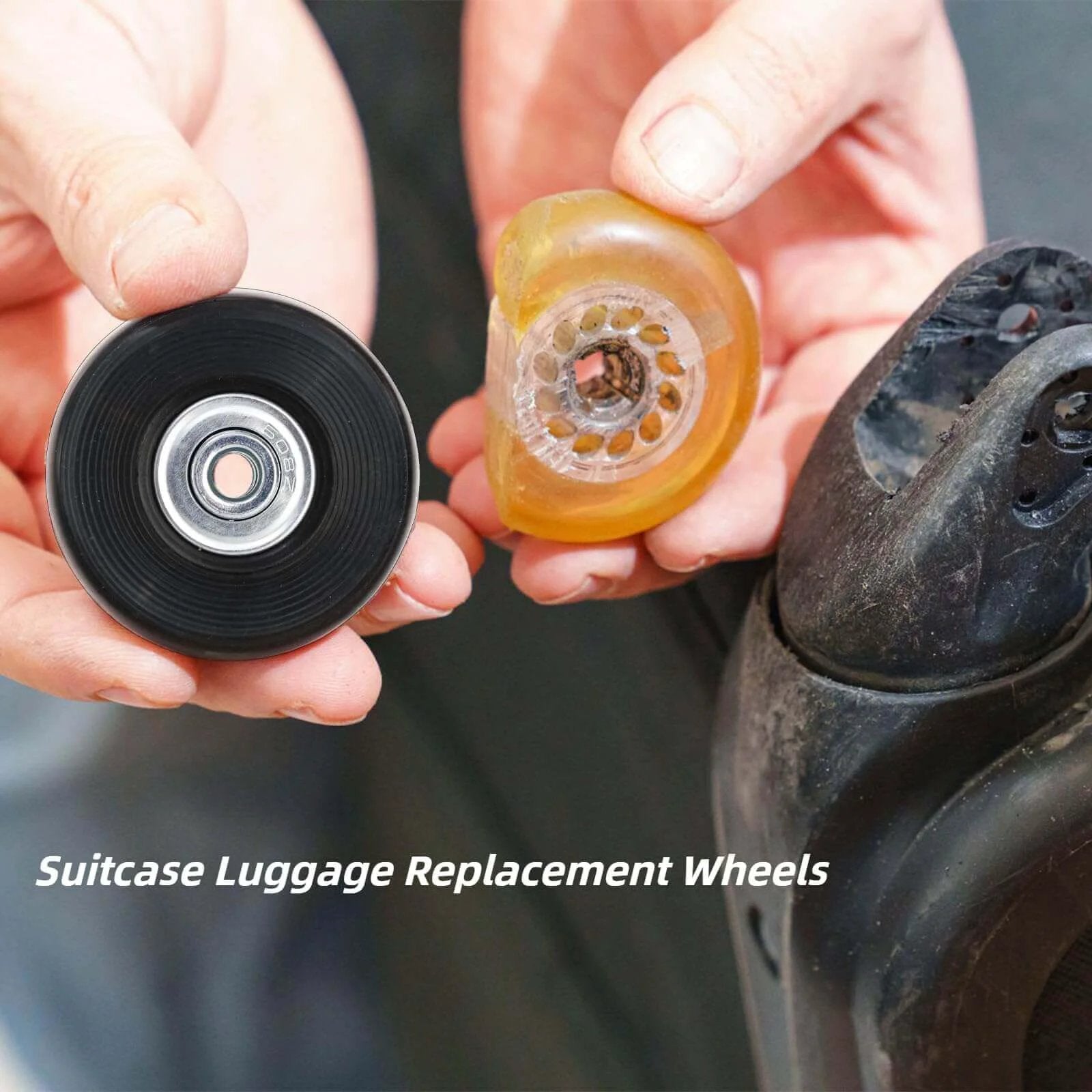 Person holding new and old wheels with suitcase, Set of 8 Luggage Suitcase Replacement Wheels, 50 x 18mm PU Caster Wheels Bearings Repair Kits