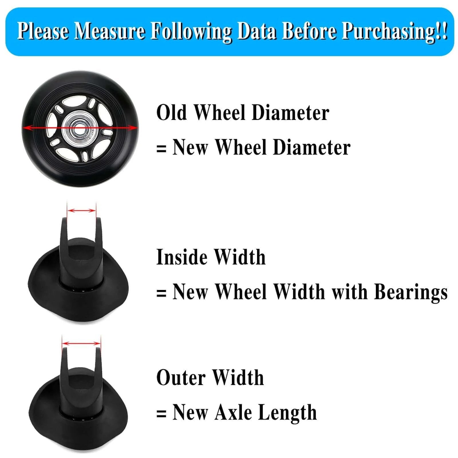 Diagram illustrating measurement guide for 40mm x 18mm Luggage Suitcase Replacement Wheels, Rubber Swivel Caster Wheels Bearings Repair Kits.