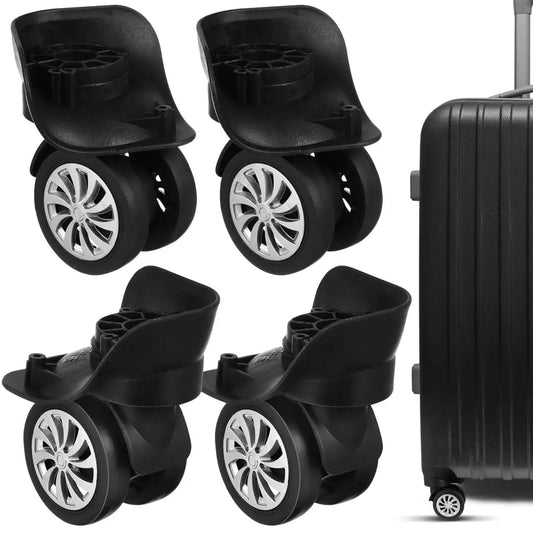 4 Piece Universal Luggage Wheels Replacement Kit For Suitcases, 360 Degree Silent Swivel Casters shown next to a suitcase
