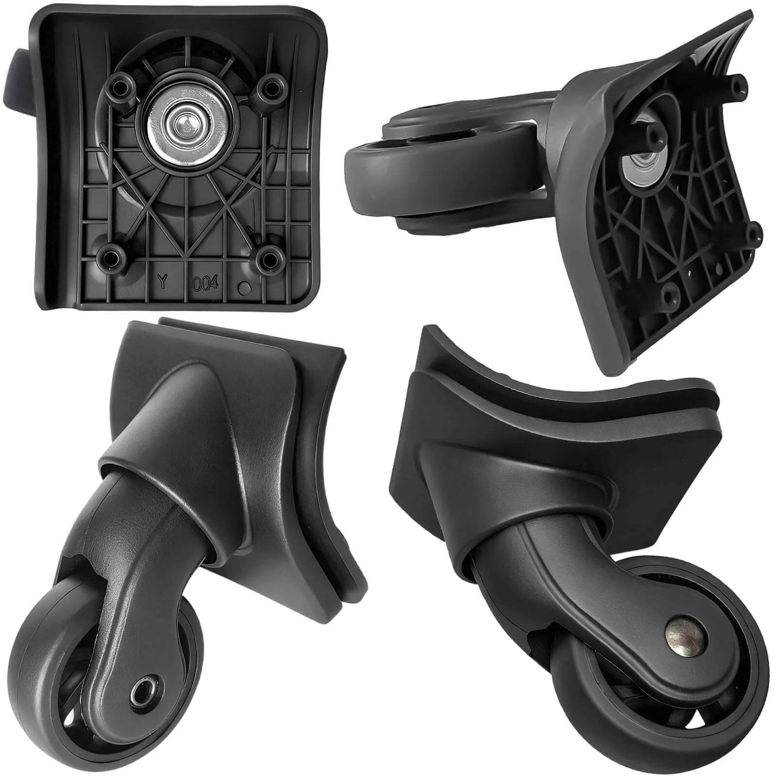 Luggage Wheels Replacement Kit with 4 Wear Resistant Spinner Casters Model H149, showing 4 casters with smooth bearings for suitcase repair.