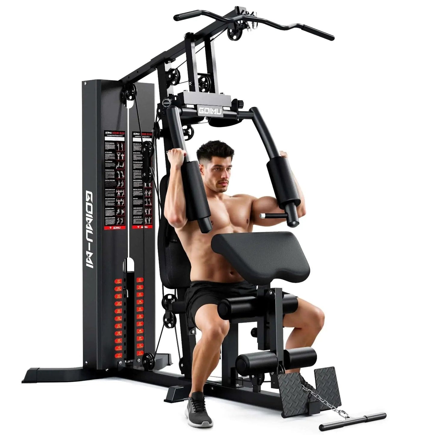 M1 Pro Workout Station With 140 Lb Weight Stack, Multifunctional Home Gym System with user performing chest press exercises