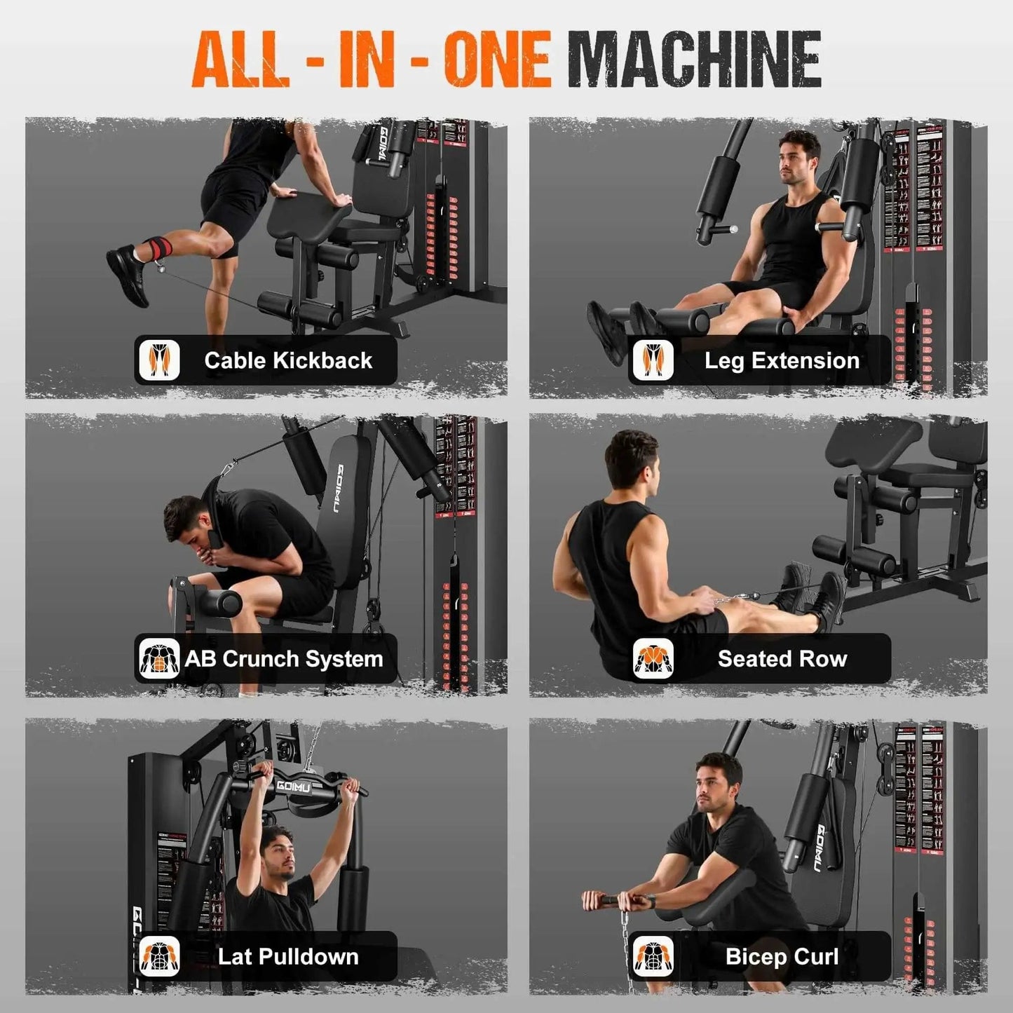 M1 Pro Workout Station With 140 Lb Weight Stack demonstrating various exercises such as cable kickback, leg extension, and bicep curl