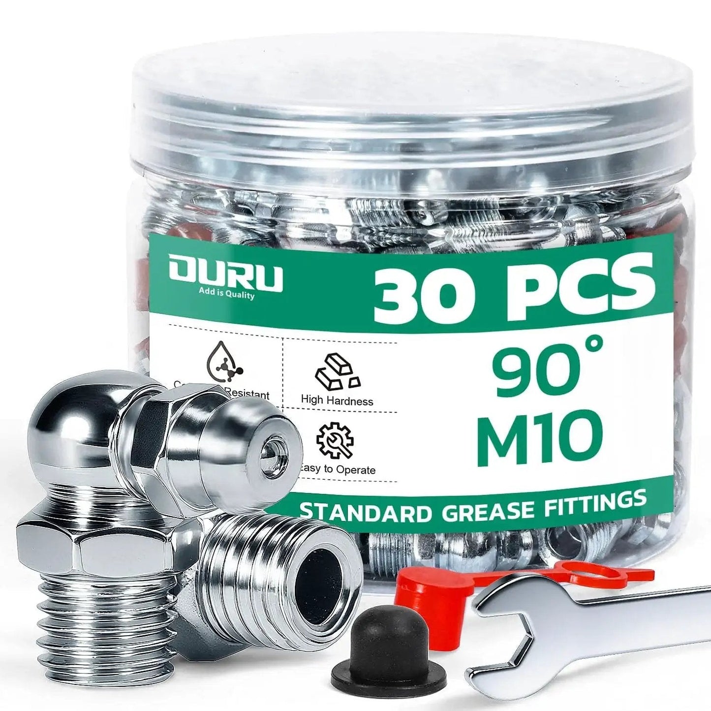 30 Piece M10 Grease Fittings Kit with 90 Degree Zerk Fittings Caps and 10mm Wrench, ideal for confined spaces and machinery maintenance