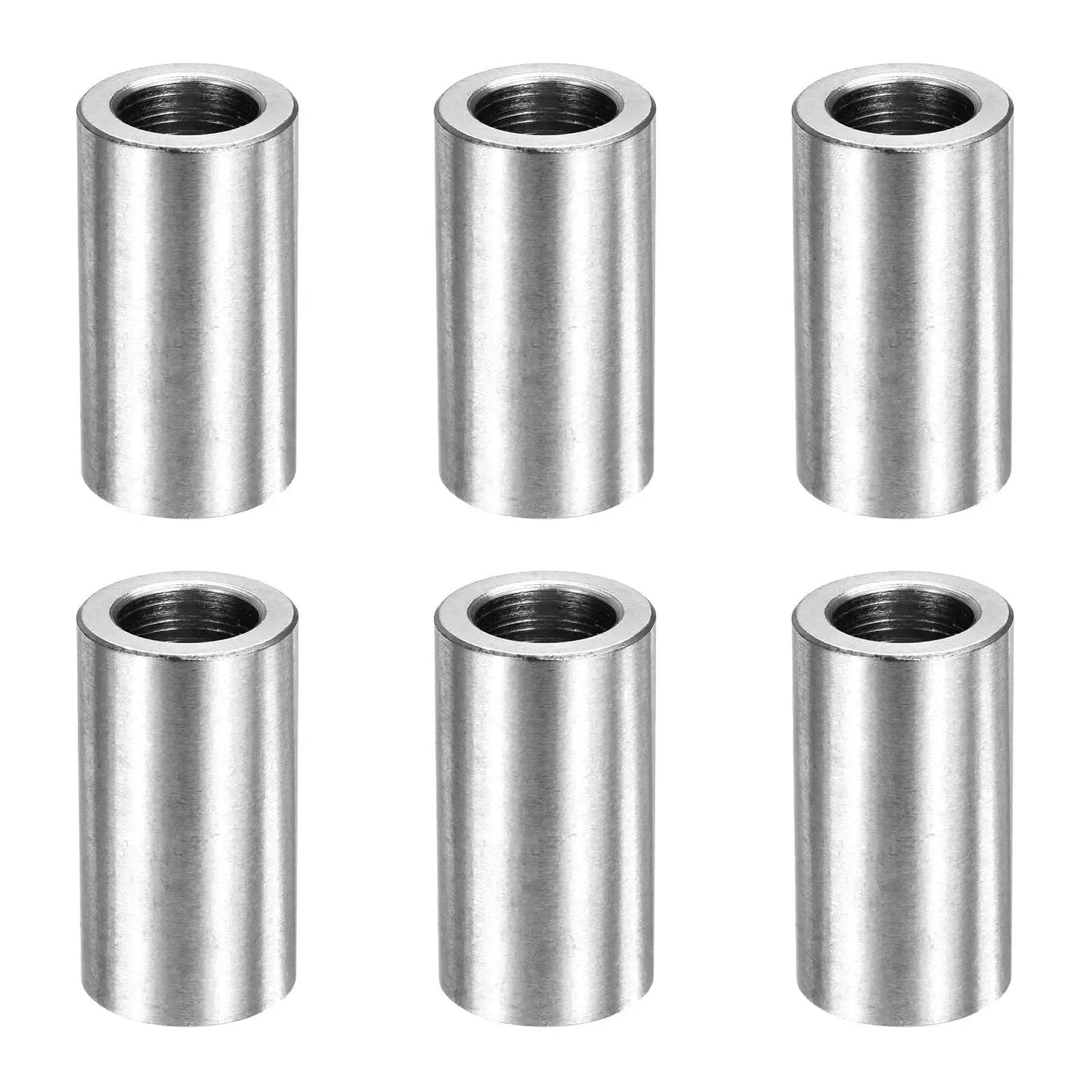 Six Piece M10 Stainless Steel Spacers Set Unthreaded Standoff Bushings For Screws Bolts 10x16x30mm arranged in two rows