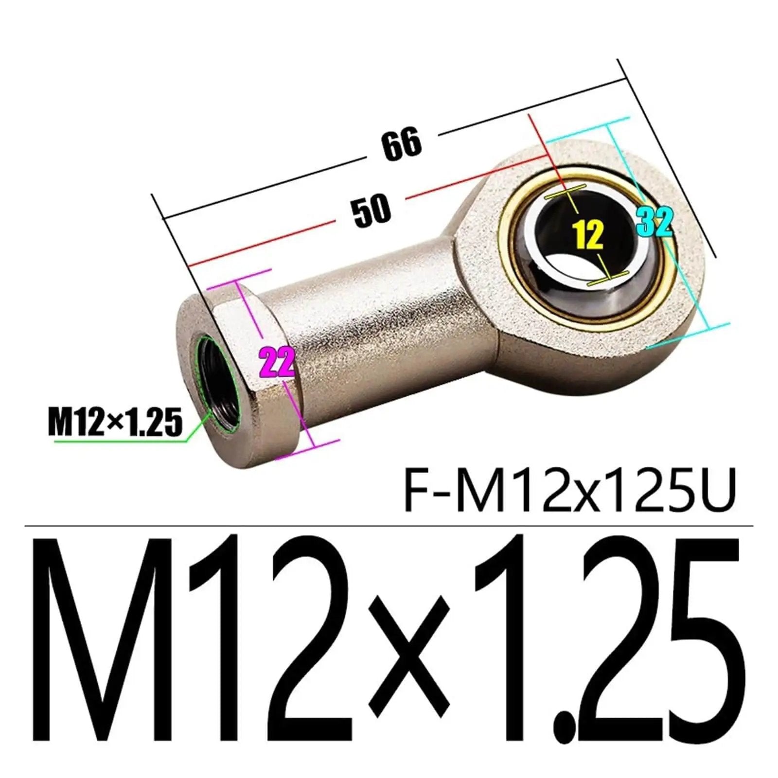 Rugged Rod End Bearing With Internal Thread For F M4 M5 M6 M8 M10 Metric Female Cylinder Fisheye Connector Ball Bearing Joint For Robotics CNC Machinery Drop In Ready M12 Thread Option, showing dimensions and M12x1.25 thread size.