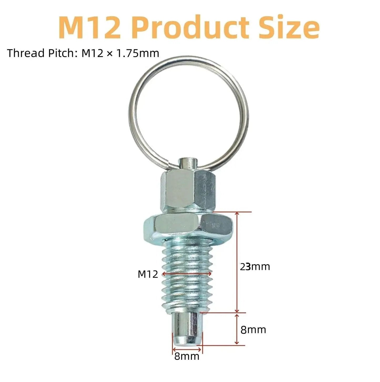 Carbon Steel Pull Ring Indexing Plunger M12 Thread 23mm Length with Retractable Spring and Quick Release Pins Dimensions