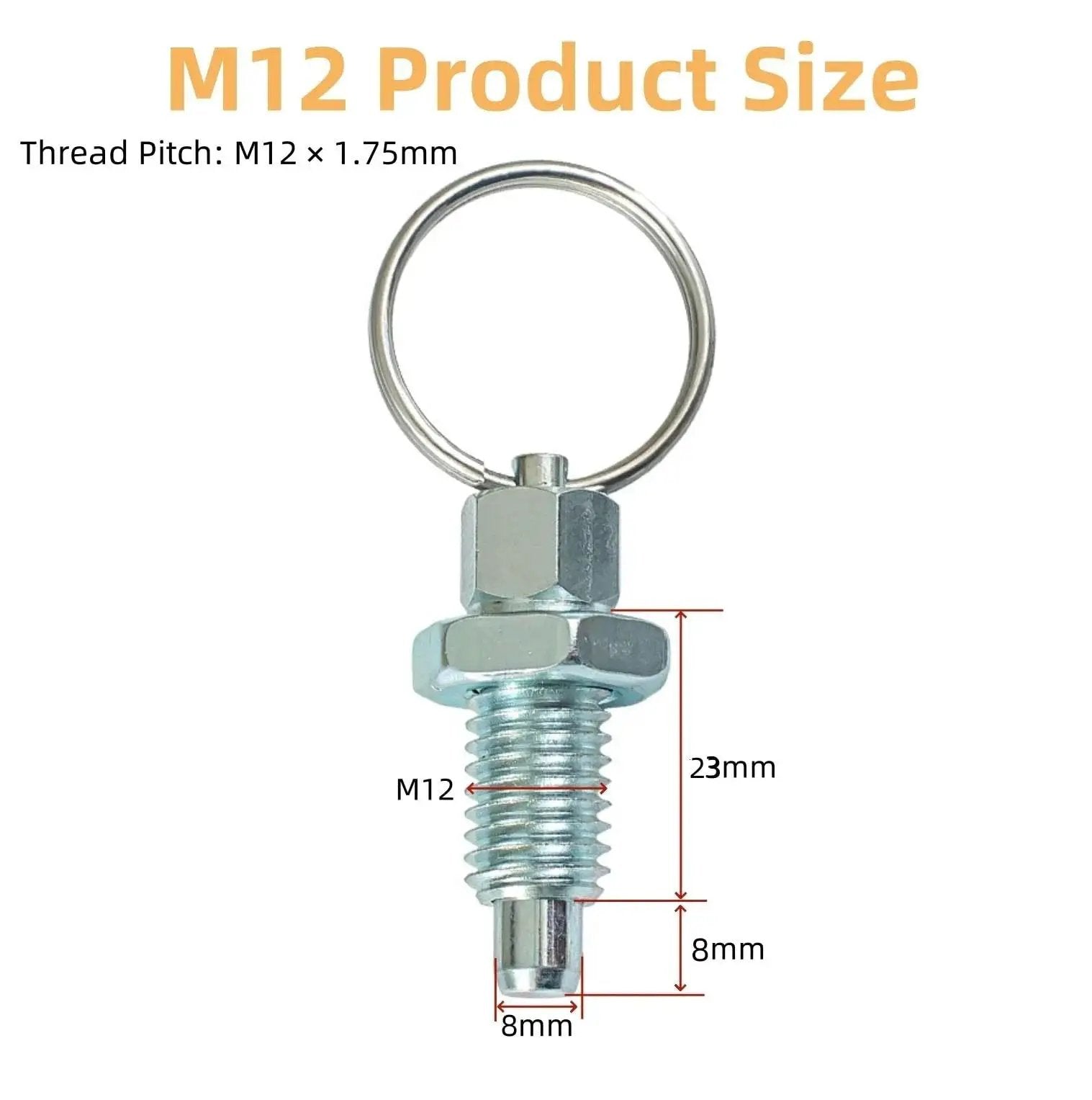 Carbon Steel Pull Ring Indexing Plunger M12 Thread 23mm Length with Retractable Spring and Quick Release Pins Dimensions