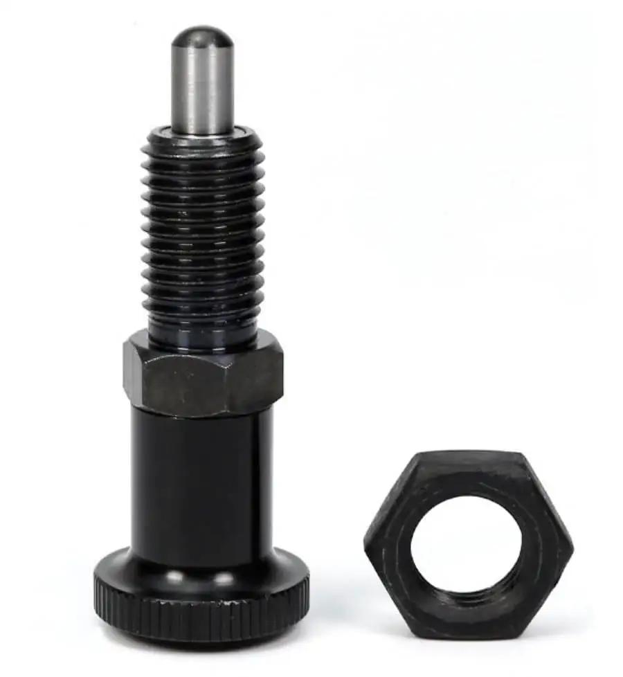 M12 Retractable Spring Knob Plunger Ball Pin, Stainless Steel, Non Lock Out, close-up image showing plunger and separate nut.