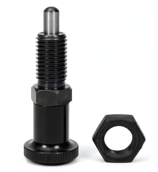 M12 Retractable Spring Knob Plunger Ball Pin, Stainless Steel, Non Lock Out, close-up image showing plunger and separate nut.