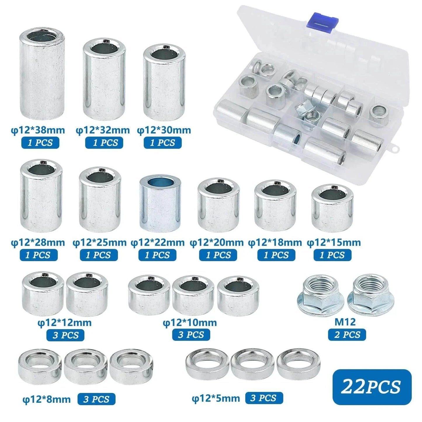 22 Pieces M12 Industrial Steel Spacer Sleeve Bushings Kit For 12mm Axle With 12 Lengths and M12 Lock Nut in storage case